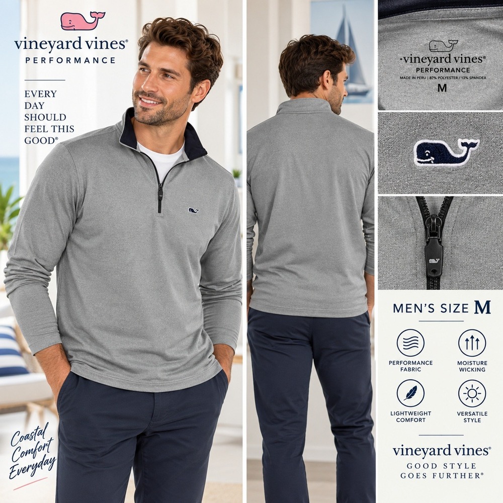 Vineyard Vines Performance Mens M Gray 1/4 Zip Pullover Golf Stretch Whale #1906